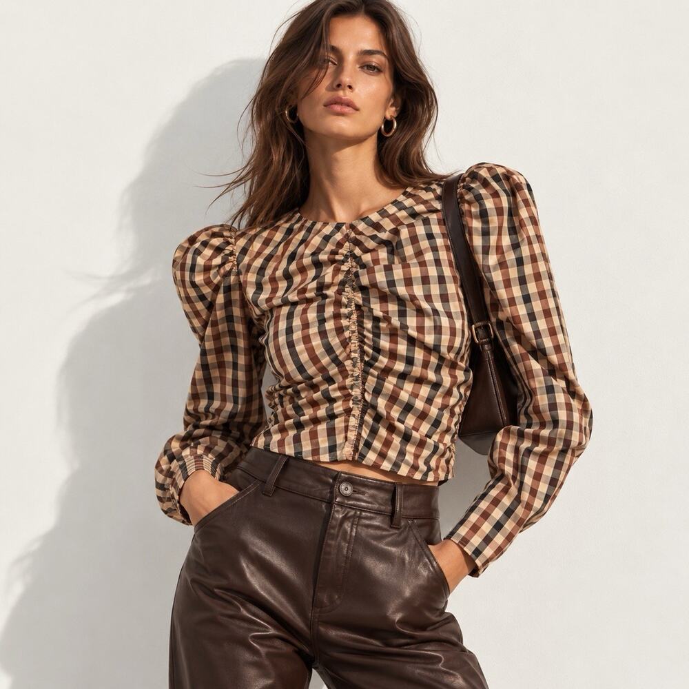 Zara Gingham Ruched Top S Chocolate Brown Cream Puff Sleeve Y2K Plaid